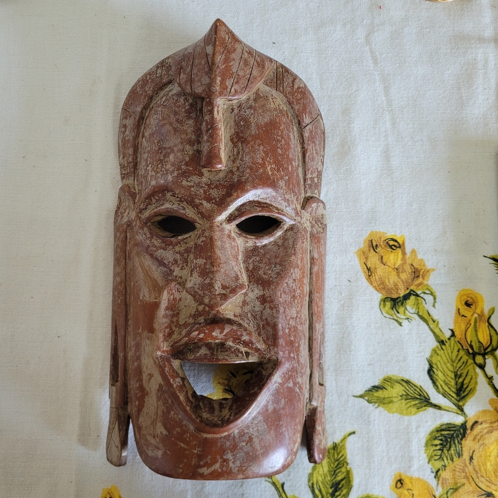 Hand-Carved Rustic Brown Decorative Wall Mask
